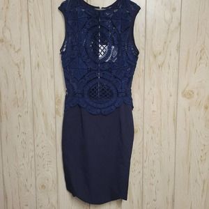ANGEL BIBA Blue Embellished Crochet Lace Mini Dress